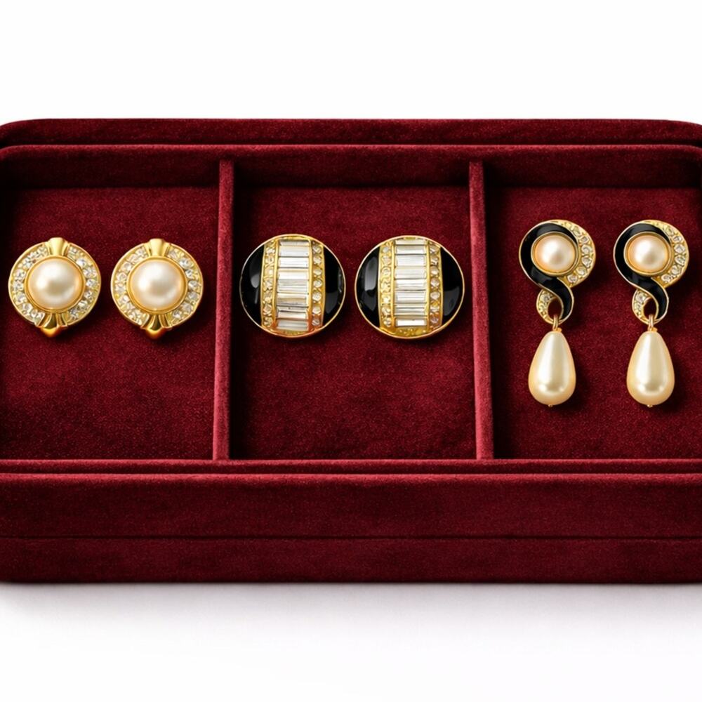 Vintage 1980s Gold Pearl Enamel Crystal Earrings Lot of 3 Stud Dynasty Glam Gift - Picture 6 of 6